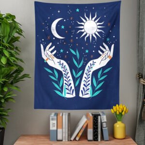 Psychedelic Moon Phase Tapestry Flower Witchcraft Hand Wall Hanging Tapestry Star Print Tarot Throw Blanket Home Decor