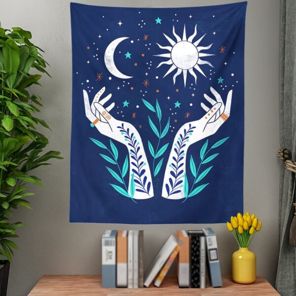 Psychedelic Moon Phase Tapestry Flower Witchcraft Hand Wall Hanging Tapestry Star Print Tarot Throw Blanket Home Decor