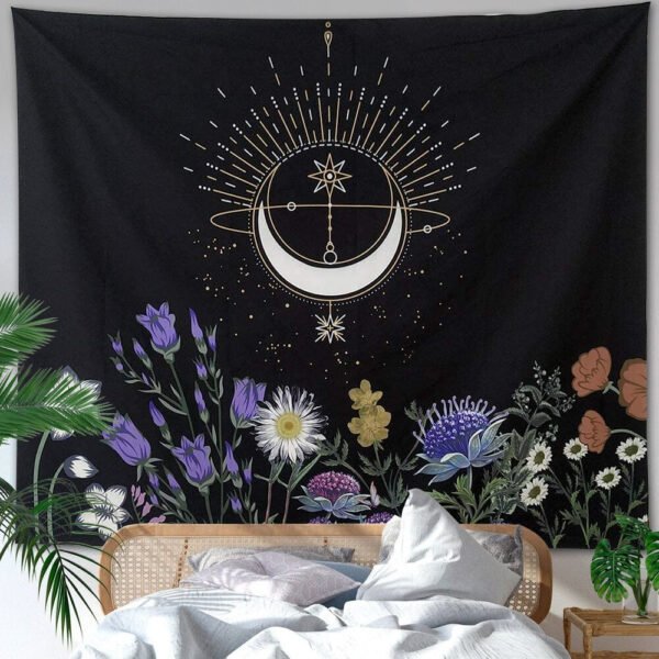 Psychedelic Moon Phase Tapestry Flowers Wall Hanging Bedroom Aesthetic Wall Art and Home Decor for Bedroom Living Room Dorm