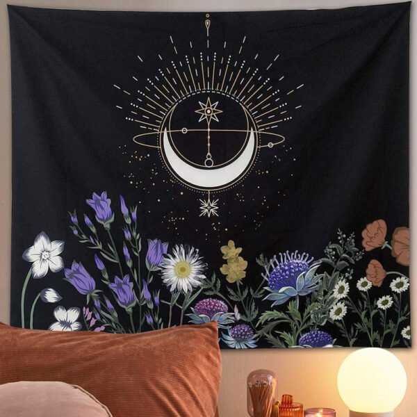 Psychedelic Moon Phase Tapestry Flowers Wall Hanging Bedroom Aesthetic Wall Art and Home Decor for Bedroom Living Room Dorm