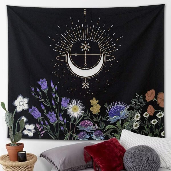 Psychedelic Moon Phase Tapestry Flowers Wall Hanging Bedroom Aesthetic Wall Art and Home Decor for Bedroom Living Room Dorm