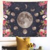 Psychedelic Moon Phase Tapestry Moonlit Garden Surrounded by Vines and Flowers Black Wall Decor Tapestry Wall Living