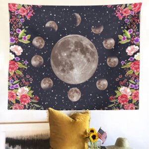 Psychedelic Moon Phase Tapestry Moonlit Garden Surrounded by Vines and Flowers Black Wall Decor Tapestry Wall Living