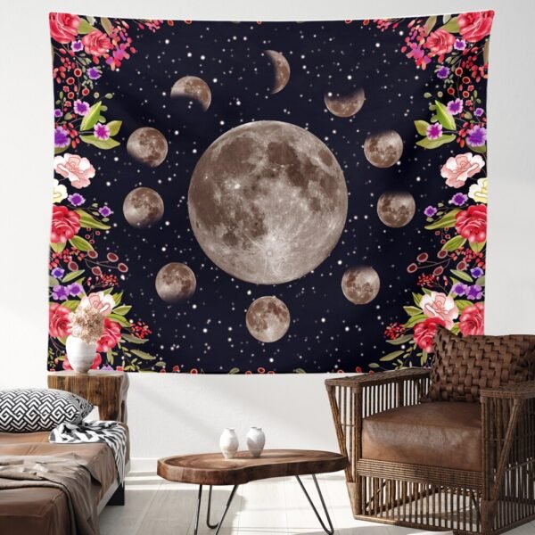 Psychedelic Moon Phase Tapestry Moonlit Garden Surrounded by Vines and Flowers Black Wall Decor Tapestry Wall Living