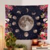Psychedelic Moon Phase Tapestry Moonlit Garden Surrounded by Vines and Flowers Black Wall Decor Tapestry Wall Living