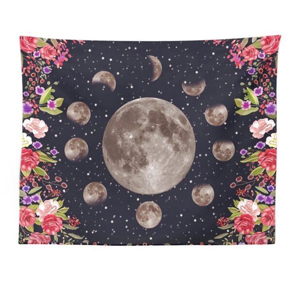 Psychedelic Moon Phase Tapestry Moonlit Garden Surrounded by Vines and Flowers Black Wall Decor Tapestry Wall Living