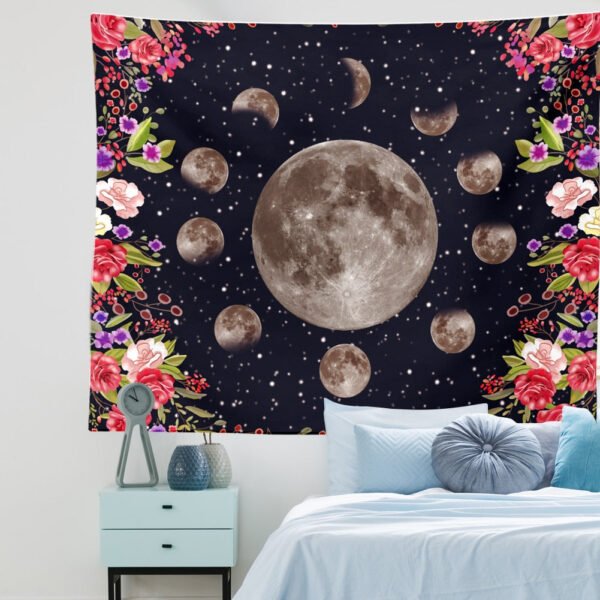 Psychedelic Moon Phase Tapestry Moonlit Garden Surrounded by Vines and Flowers Black Wall Decor Tapestry Wall Living