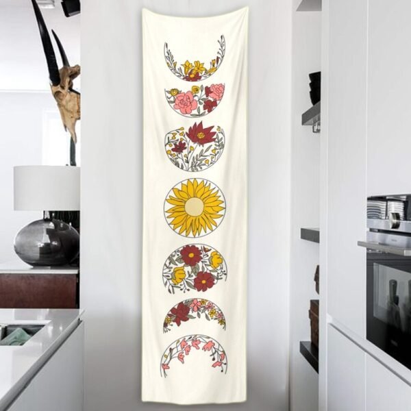 Psychedelic Moon Phase Tapestry White Flower Wall Hanging Moon Floral Throw Blanket Home Decor Wall Hanging Bohemian Decoration