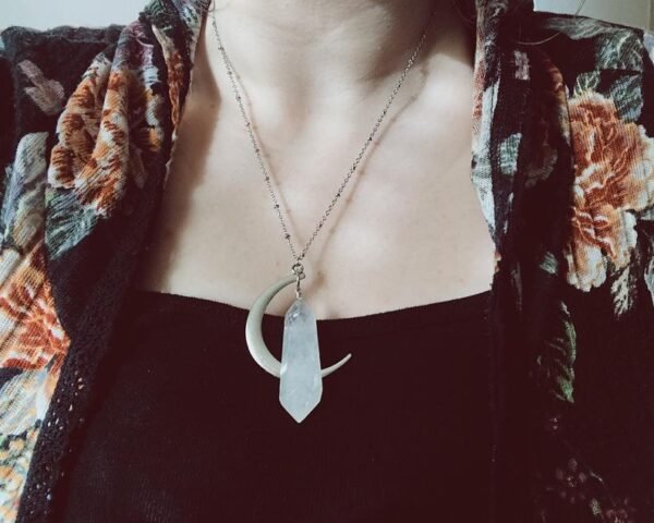Quartz Moon Necklace -clear Quartz Crystal Point,magical Fantasy, Moon Goddess, Witchy, Costume
