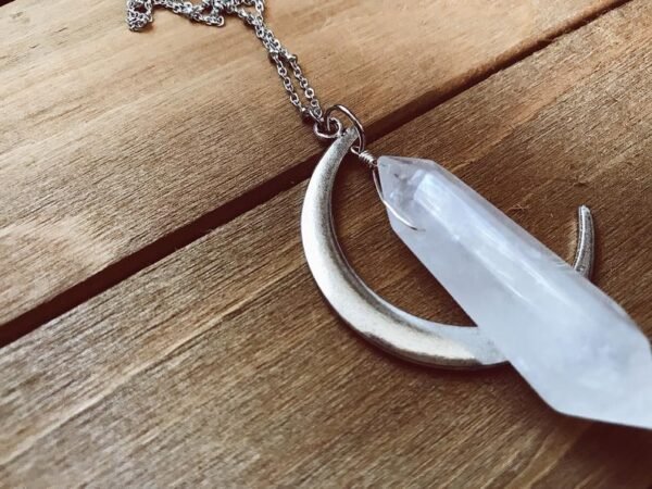 Quartz Moon Necklace -clear Quartz Crystal Point,magical Fantasy, Moon Goddess, Witchy, Costume