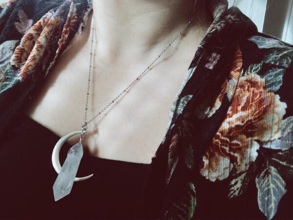 Quartz Moon Necklace -clear Quartz Crystal Point,magical Fantasy, Moon Goddess, Witchy, Costume