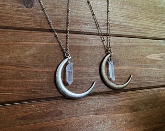 Quartz Moon Pendant Necklace- Crescent Moon + Long Chain + Raw Clear Quartz Point | Antique Bronze or Silver Plated