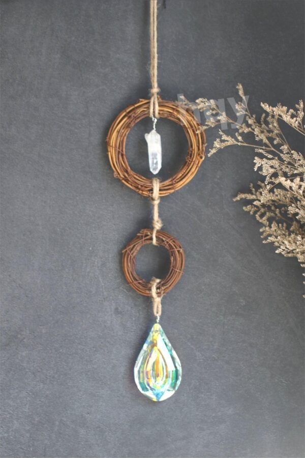 Rattan wreath pendant quartz pendant sun catcher crystal witch  hanging magic protection decor expel evil brings good luck wicca