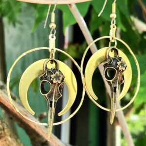 Raven Skull Earrings / Moon Earrings / Bohemian Inspired / Rustic Earthy Jewelry / Bird Bone Jewelry / Hoop Earrings