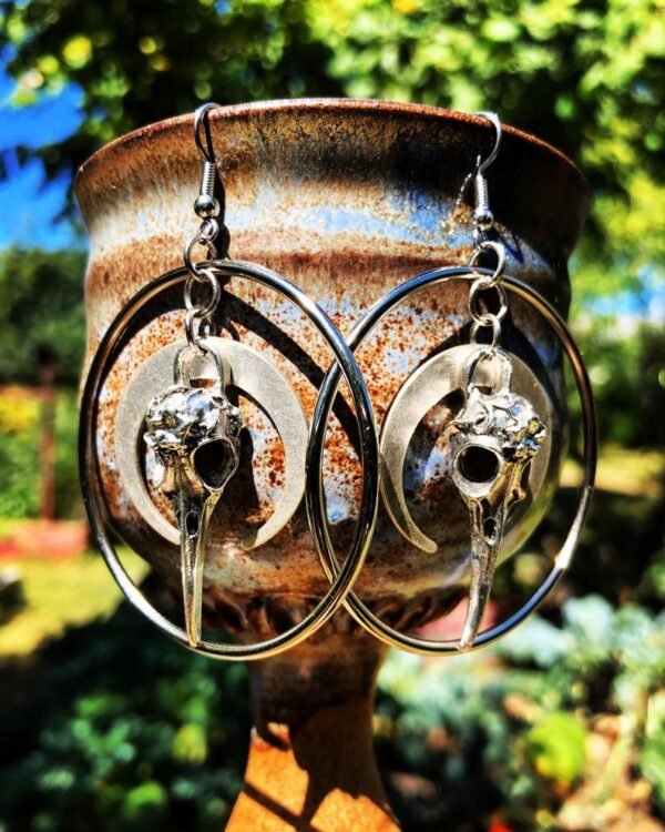 Raven Skull Earrings / Moon Earrings / Bohemian Inspired / Rustic Earthy Jewelry / Bird Bone Jewelry / Hoop Earrings