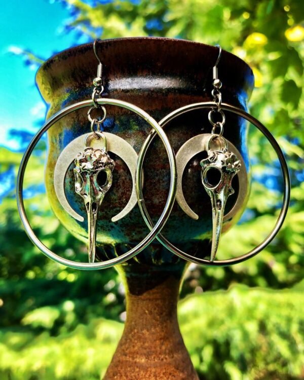 Raven Skull Earrings / Moon Earrings / Bohemian Inspired / Rustic Earthy Jewelry / Bird Bone Jewelry / Hoop Earrings