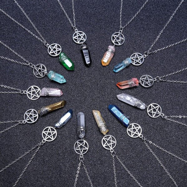 Raw Crystal Pillar Pentagram Necklace/ Wrapped Crystal Necklace/ Pendant Necklace/ Crystal Charm Necklace with 70cm Chain