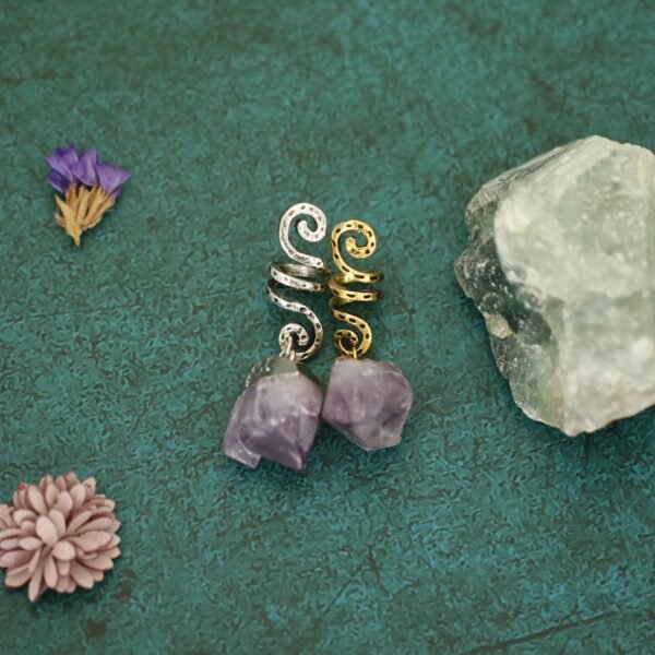 Raw crystal hair ring Viking hair beads Wicca braid natural amethyst angel golden silver