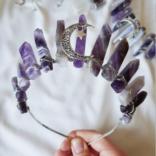 Raw crystal long flat crystal crown headband bridal tiara goddess crown Wicca party