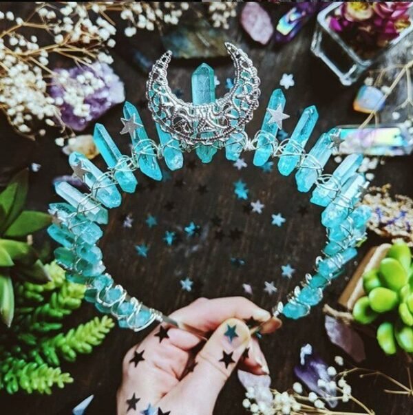 Raw crystal long flat crystal crown headband bridal tiara goddess crown Wicca party
