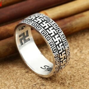 Real S925 Sterling Silver Ring Fashion Vintage Thai Silver Men's Four-word Pattern Six-character Mantra Ring - Rings