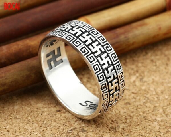 Real S925 Sterling Silver Ring Fashion Vintage Thai Silver Men's Four-word Pattern Six-character Mantra Ring - Rings
