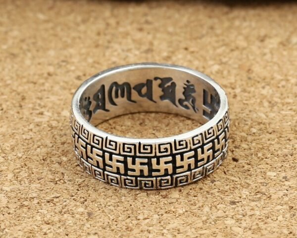 Real S925 Sterling Silver Ring Fashion Vintage Thai Silver Men's Four-word Pattern Six-character Mantra Ring - Rings