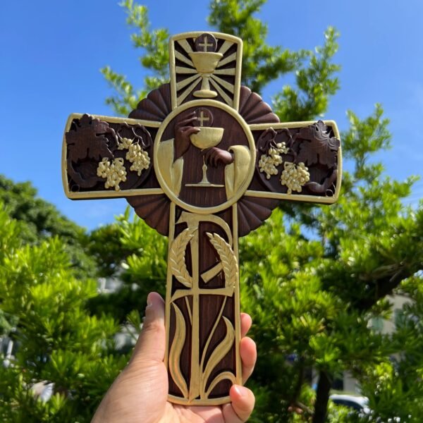 Religious communion cross, Christian decoration for indoor wall hanging, wood carved cross, priest's cross, communion gift