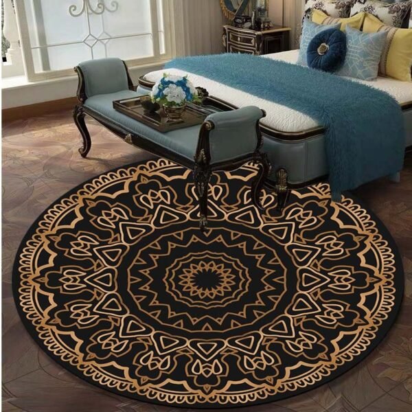 Retro Black And Gold Flowers Round Carpet Lotus Chair Floor Mat Soft Carpets For Living Room Anti-slip Rug Bedroom Decor Carpet