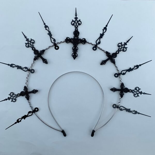 Retro Gothic Halo Crown, Virgin Mary Aura Headwear, Handmade Hair Stitch, Dark Cross, Fancy Headband
