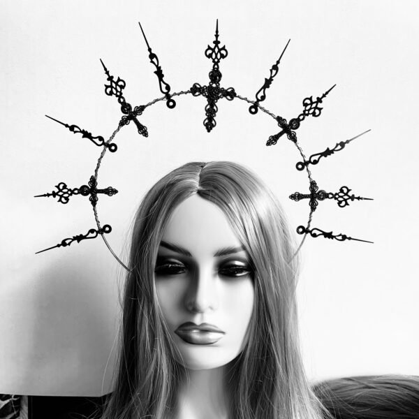 Retro Gothic Halo Crown, Virgin Mary Aura Headwear, Handmade Hair Stitch, Dark Cross, Fancy Headband