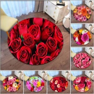 Rose-Flower-Printed-Soft-Fabric-Round-Floor-Mat-Carpet-Room-Area-Bedroom-Rug Rose Flower Printed Soft Fabric Round Floor Mat Carpet Room Area Bedroom Rug