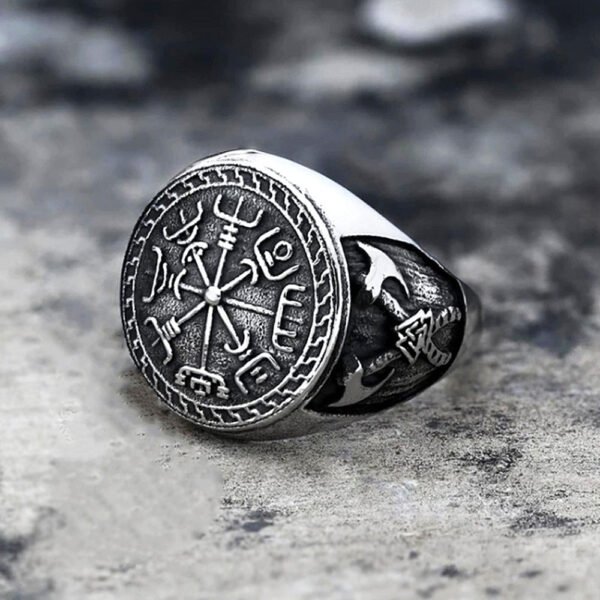 Vintage  Compass Nordic Viking Axe Ring Male Norse Mythology Jewelry