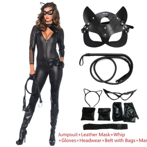 Halloween Costume For Women Cat Suits Sexy Jumpsuit with Whip And Cat Mask Leather Cosplay Uniform Nightclub Party Bodysuit