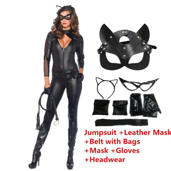 Halloween Costume For Women Cat Suits Sexy Jumpsuit with Whip And Cat Mask Leather Cosplay Uniform Nightclub Party Bodysuit