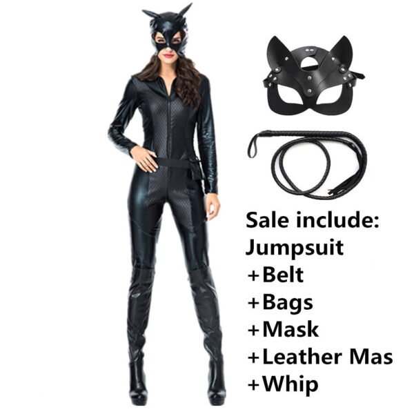 Halloween Costume For Women Cat Suits Sexy Jumpsuit with Whip And Cat Mask Leather Cosplay Uniform Nightclub Party Bodysuit