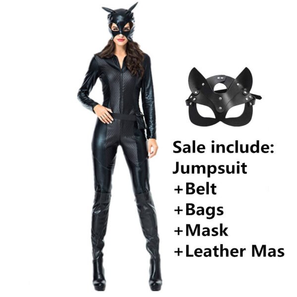 Halloween Costume For Women Cat Suits Sexy Jumpsuit with Whip And Cat Mask Leather Cosplay Uniform Nightclub Party Bodysuit