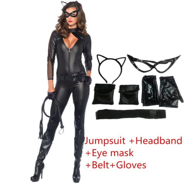 Halloween Costume For Women Cat Suits Sexy Jumpsuit with Whip And Cat Mask Leather Cosplay Uniform Nightclub Party Bodysuit