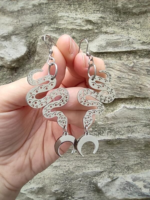 Sacred Snake Earrings Crescent Moon Earrings Long Stainless Steel Statement Earrings