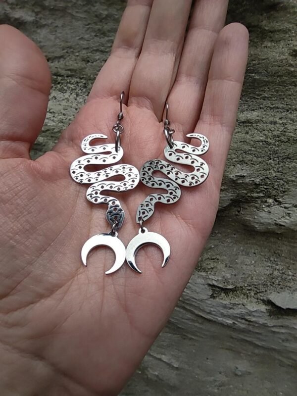 Sacred Snake Earrings Crescent Moon Earrings Long Stainless Steel Statement Earrings