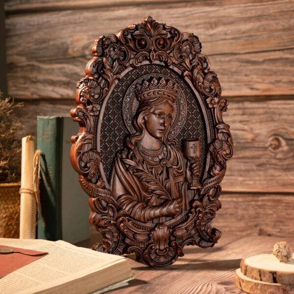 Saint Barbara Artillery Wood Carving Patron Saint Religious Mural Home Interior Wall Decor Relief Wooden Gift