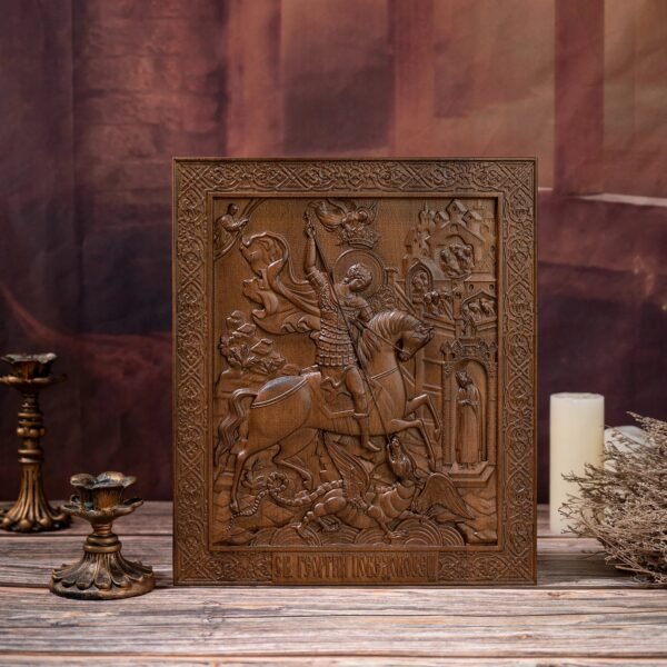 Saint George and the Dragon Wood Carved Religious Image Wall Decor, Mural Ornament, Protective Saints, Christian Soldier Gift