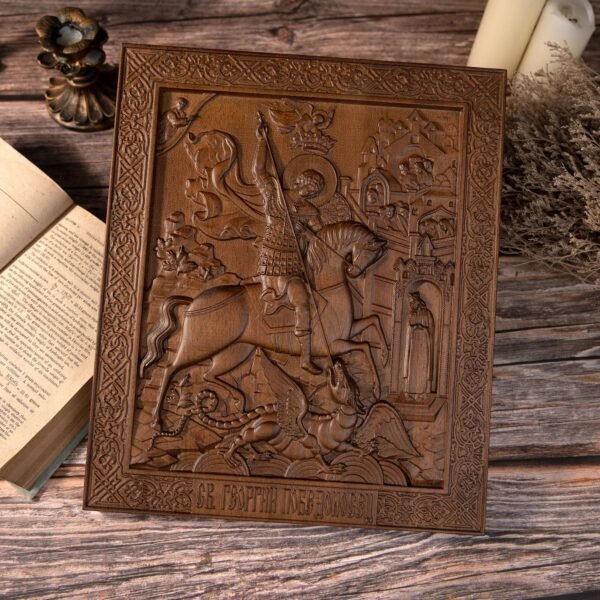 Saint George and the Dragon Wood Carved Religious Image Wall Decor, Mural Ornament, Protective Saints, Christian Soldier Gift