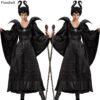 2022 Adult Women Maleficent Witch Cosplay Suit Black Luxury Flared Sleeves Long Dress Robe With Headdress Halloween Costume