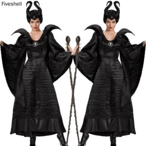 2022 Adult Women Maleficent Witch Cosplay Suit Black Luxury Flared Sleeves Long Dress Robe With Headdress Halloween Costume