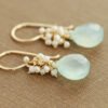 Seafoam Chalcedony Seed Pearl Earrings Handmade Gold Dangle Earrings with Pearl Clusters
