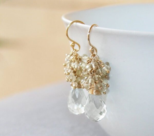 Seafoam Chalcedony Seed Pearl Earrings Handmade Gold Dangle Earrings with Pearl Clusters