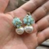 Seafoam Chalcedony Seed Pearl Earrings Handmade Gold Dangle Earrings with Pearl Clusters
