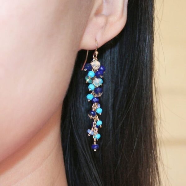 Seafoam Chalcedony Seed Pearl Earrings Handmade Gold Dangle Earrings with Pearl Clusters