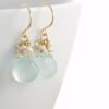Seafoam Chalcedony Seed Pearl Earrings Handmade Gold Dangle Earrings with Pearl Clusters